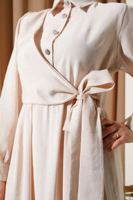 Bağlamalı Yarım Taş Düğmeli Elbise Taş - Tesettür Elbise