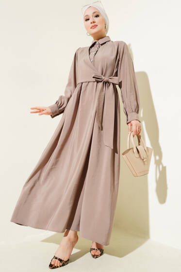 Bağlamalı Yarım Taş Düğmeli Elbise Vizon - Elbise