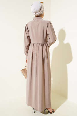 Bağlamalı Yarım Taş Düğmeli Elbise Vizon - Tesettür Elbise