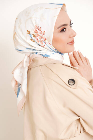 Bahçe Serisi Cotton Eşarp Bej - Black&White