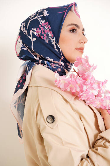 Bahçe Serisi Cotton Eşarp Lacivert - Black&White