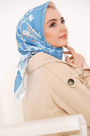 Bahçe Serisi Cotton Eşarp Mavi - Black&White