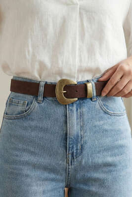 Bakır Görünüm Tokalı Kemer Kahve Süet - Süet Kemer