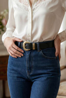 Bakır Görünüm Tokalı Kemer Siyah - Deri Kemer