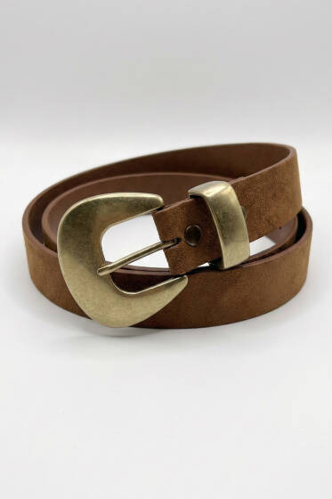 Bakır Görünüm Tokalı Kemer Taba Süet - Süet Kemer