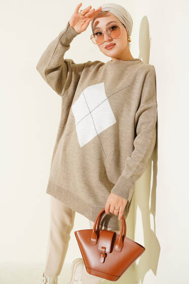 Baklava Çizgi Detaylı Triko Tunik Bej - Tunik
