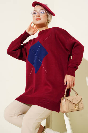 Baklava Çizgi Detaylı Triko Tunik Bordo - Tunik