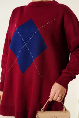 Baklava Çizgi Detaylı Triko Tunik Bordo - Tunik