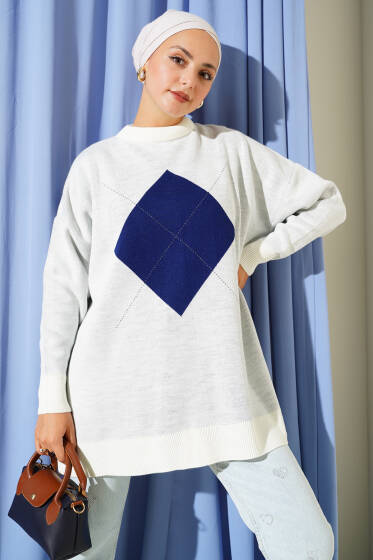 Baklava Çizgi Detaylı Triko Tunik Ekru - Tunik