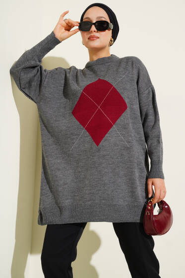 Baklava Çizgi Detaylı Triko Tunik Füme - Tunik