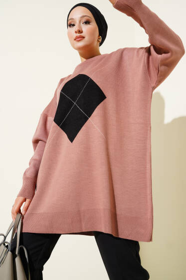 Baklava Çizgi Detaylı Triko Tunik Gül Kurusu - Tunik