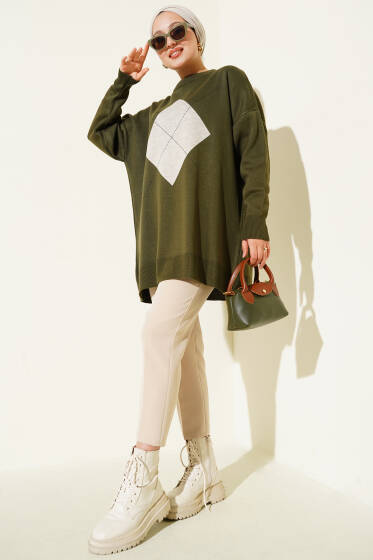 Baklava Çizgi Detaylı Triko Tunik Haki - Tunik