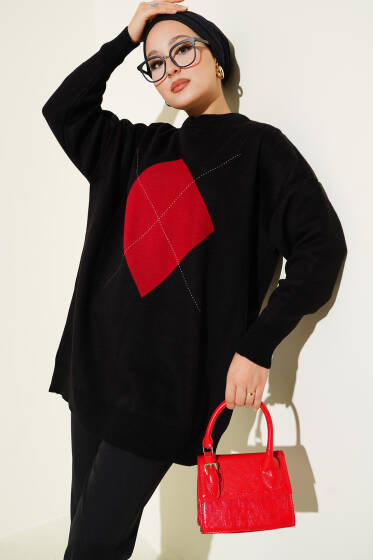 Baklava Çizgi Detaylı Triko Tunik Siyah - Tunik