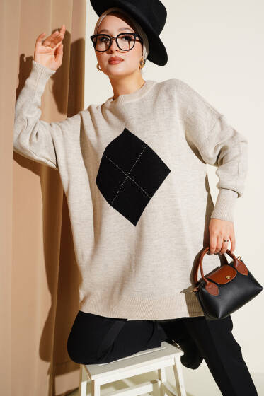 Baklava Çizgi Detaylı Triko Tunik Taş - Tunik