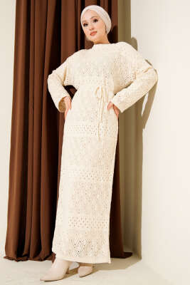 Baklava Desen Ajurlu Triko Elbise Bej - Elbise