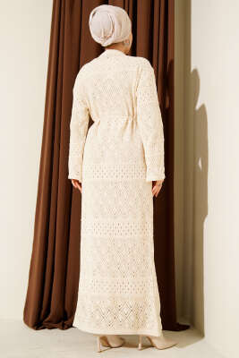 Baklava Desen Ajurlu Triko Elbise Bej - Elbise