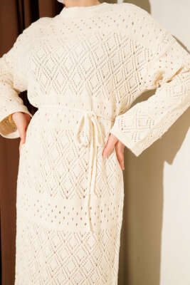 Baklava Desen Ajurlu Triko Elbise Bej - Elbise