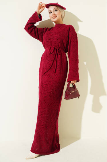 Baklava Desen Ajurlu Triko Elbise Bordo - Elbise