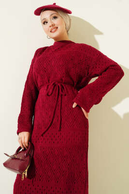 Baklava Desen Ajurlu Triko Elbise Bordo - Elbise