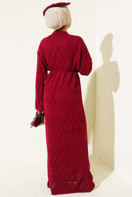 Baklava Desen Ajurlu Triko Elbise Bordo - Elbise