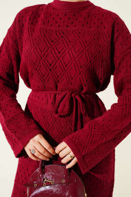 Baklava Desen Ajurlu Triko Elbise Bordo - Elbise