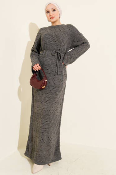 Baklava Desen Ajurlu Triko Elbise Füme - Elbise