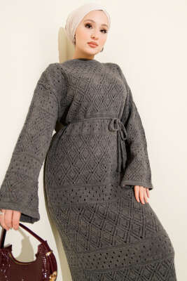 Baklava Desen Ajurlu Triko Elbise Füme - Elbise