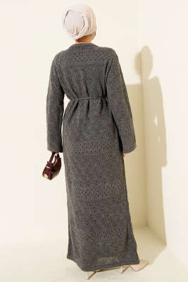 Baklava Desen Ajurlu Triko Elbise Füme - Elbise