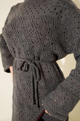 Baklava Desen Ajurlu Triko Elbise Füme - Elbise