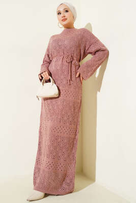 Baklava Desen Ajurlu Triko Elbise Gül Kurusu - RAFİMİX