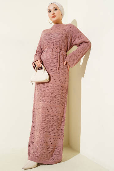 Baklava Desen Ajurlu Triko Elbise Gül Kurusu - Elbise