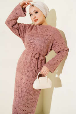 Baklava Desen Ajurlu Triko Elbise Gül Kurusu - Elbise