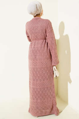 Baklava Desen Ajurlu Triko Elbise Gül Kurusu - Elbise