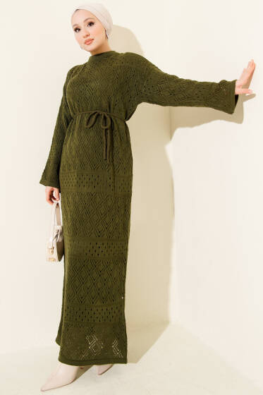 Baklava Desen Ajurlu Triko Elbise Haki - Elbise