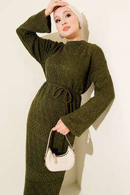 Baklava Desen Ajurlu Triko Elbise Haki - Elbise