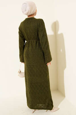 Baklava Desen Ajurlu Triko Elbise Haki - Elbise