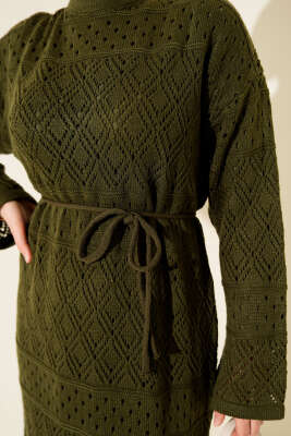 Baklava Desen Ajurlu Triko Elbise Haki - Elbise