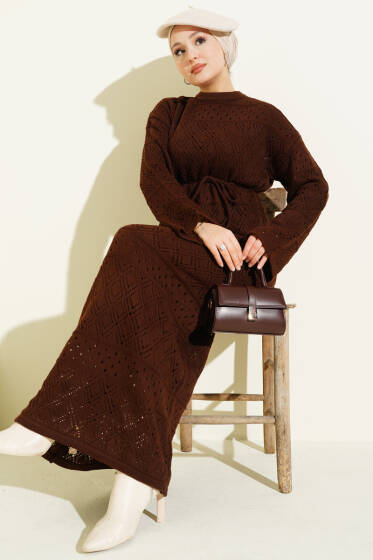 Baklava Desen Ajurlu Triko Elbise Kahve - Elbise