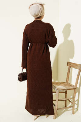 Baklava Desen Ajurlu Triko Elbise Kahve - Elbise