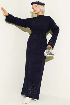 Baklava Desen Ajurlu Triko Elbise Lacivert - RAFİMİX