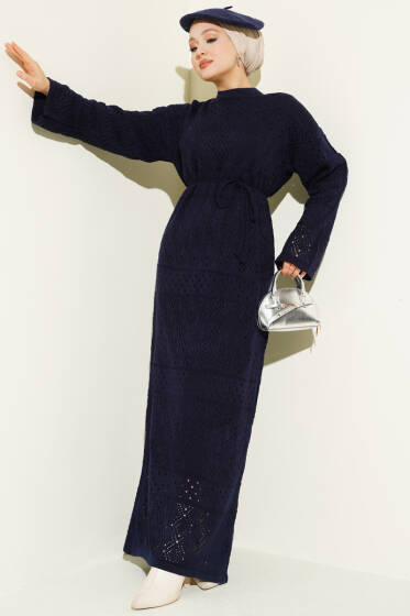 Baklava Desen Ajurlu Triko Elbise Lacivert - Elbise