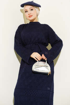 Baklava Desen Ajurlu Triko Elbise Lacivert - Elbise