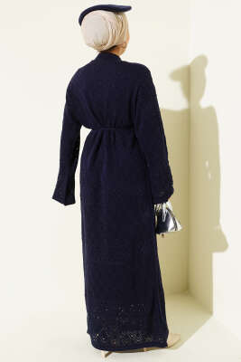 Baklava Desen Ajurlu Triko Elbise Lacivert - Elbise