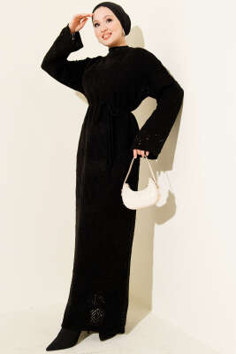 Baklava Desen Ajurlu Triko Elbise Siyah - RAFİMİX