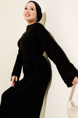 Baklava Desen Ajurlu Triko Elbise Siyah - Elbise