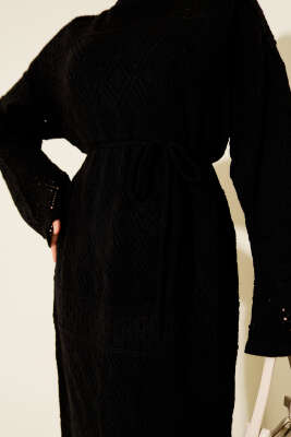 Baklava Desen Ajurlu Triko Elbise Siyah - Elbise