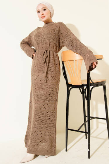 Baklava Desen Ajurlu Triko Elbise Vizon - Elbise