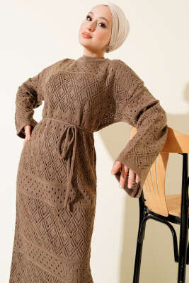 Baklava Desen Ajurlu Triko Elbise Vizon - Elbise