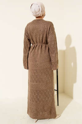 Baklava Desen Ajurlu Triko Elbise Vizon - Elbise