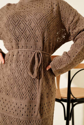 Baklava Desen Ajurlu Triko Elbise Vizon - Elbise